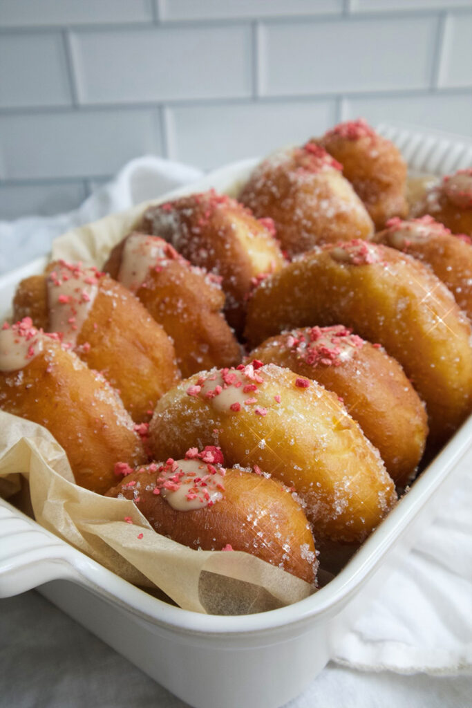 Fried Doughnuts with Strawberry Filling close up